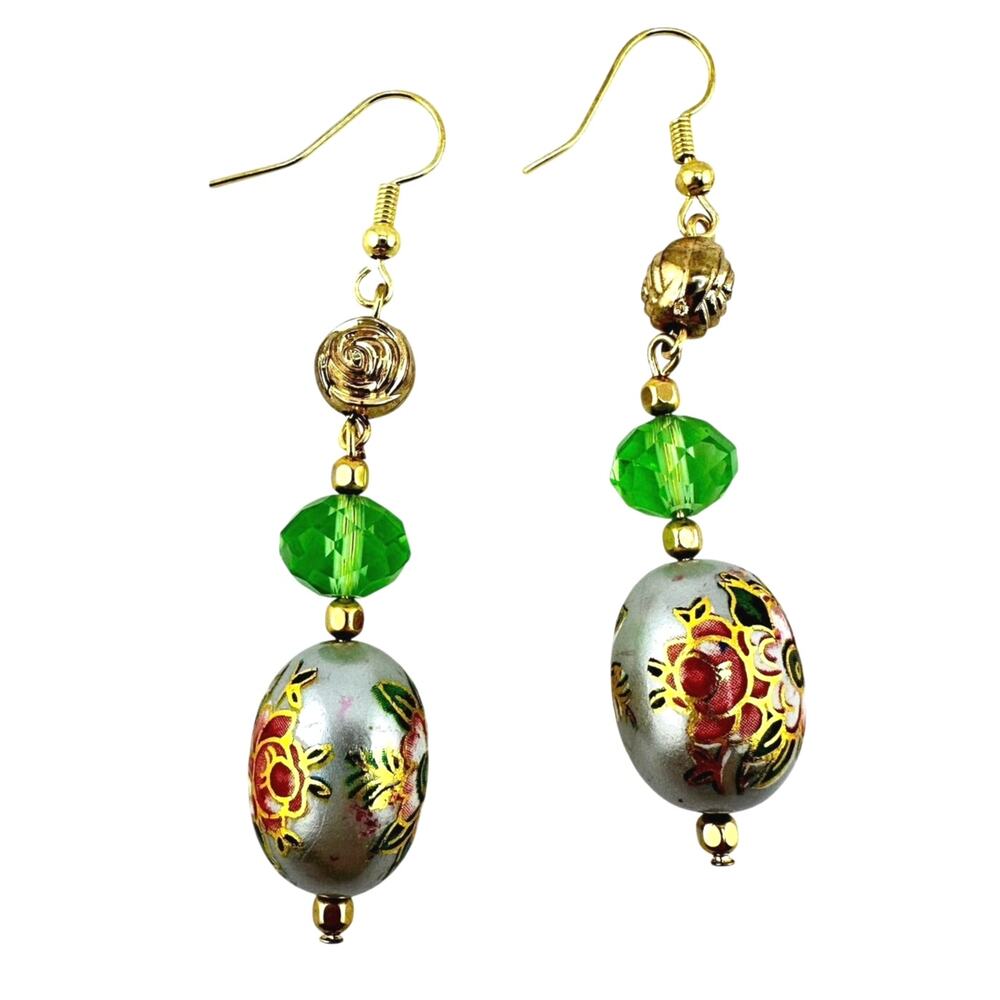 Handmade Upcycled Vintage Beads Green Floral Gold Tone Dangle Drop Earrings
